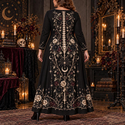 Black Rose Skeleton Plus Size Witch Dress – Gothic Bone Long Sleeve Maxi – worn, back view