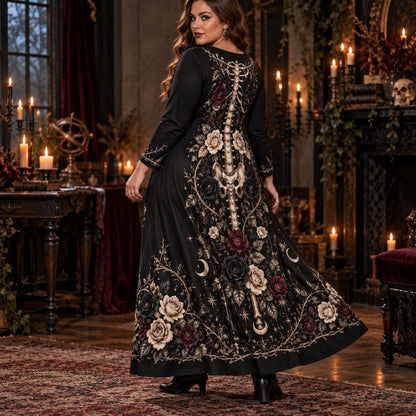 Black Rose Skeleton Plus Size Witch Dress – Gothic Bone Long Sleeve Maxi – worn, back view