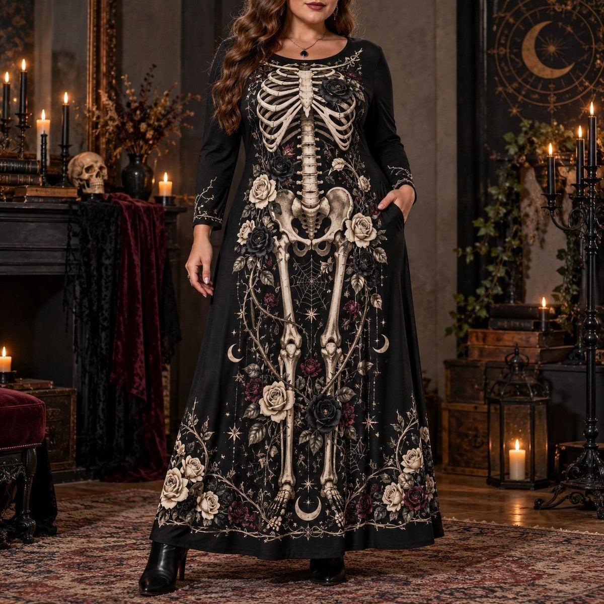 Black Rose Skeleton Plus Size Witch Dress – Gothic Bone Long Sleeve Maxi – worn, front view
