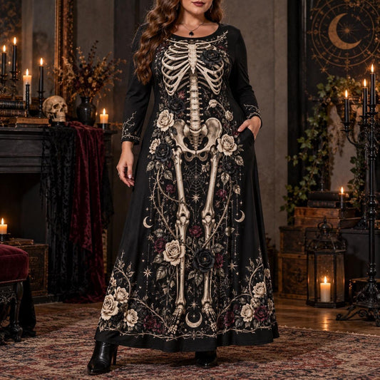 Black Rose Skeleton Plus Size Witch Dress – Gothic Bone Long Sleeve Maxi – worn, front view