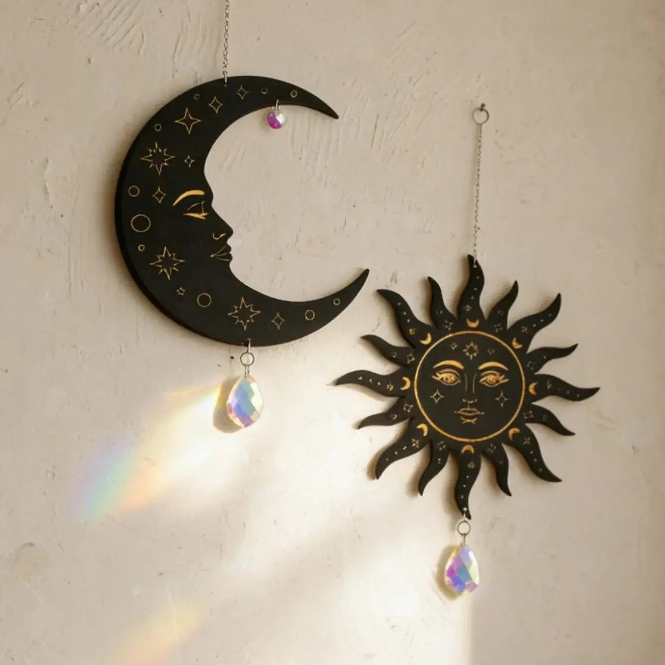 Gothic Sun Moon wall hanging crystal prism – dark witchy window ornament for spiritual spaces