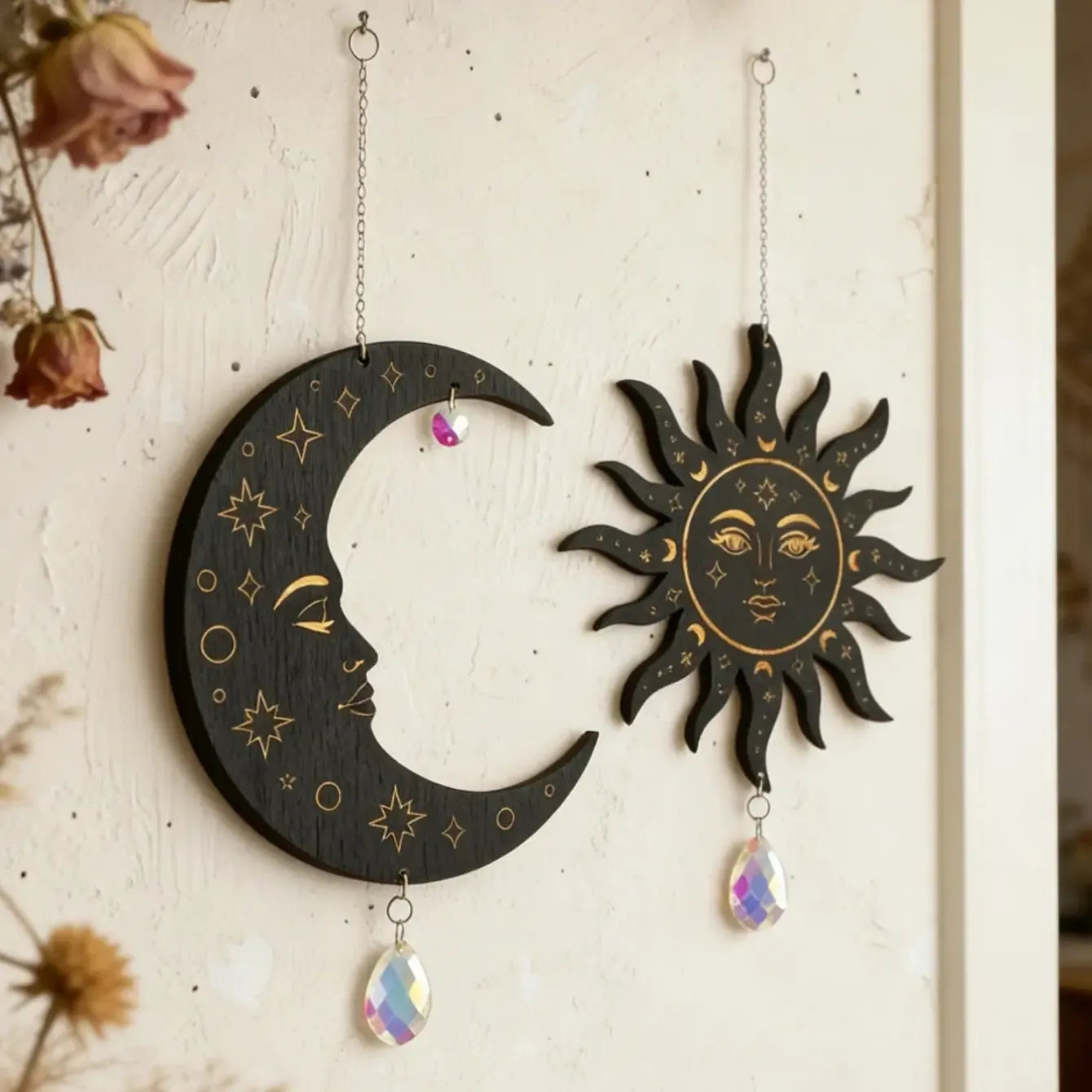 Black boho celestial suncatcher moon face detail – Wiccan Pagan witchy home wall art