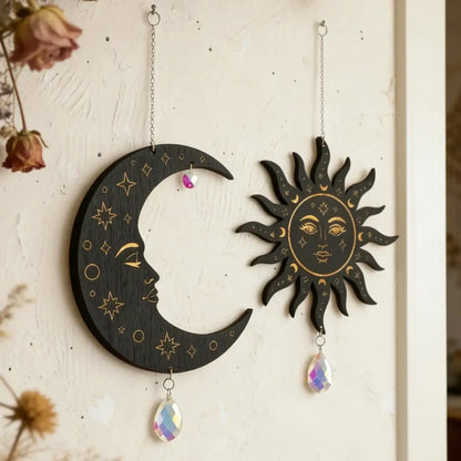Black boho celestial suncatcher moon face detail – Wiccan Pagan witchy home wall art