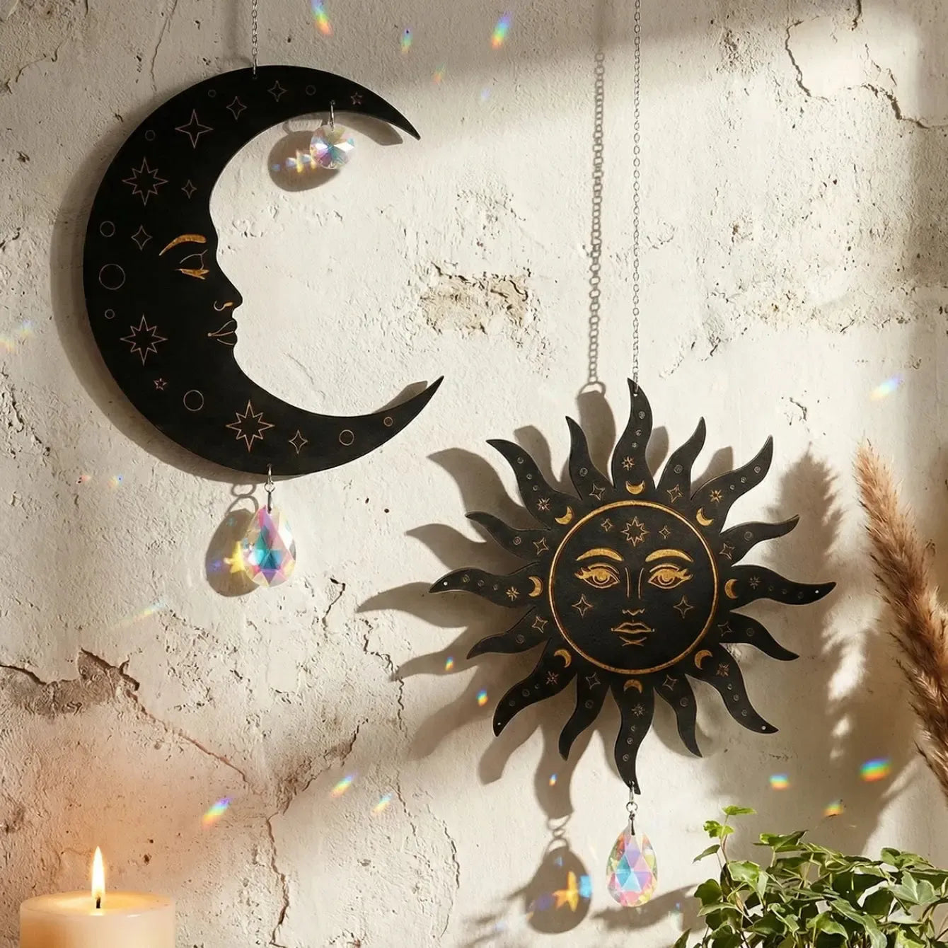 Dark gothic suncatcher black moon face with crystal prism – boho Wiccan window ornament