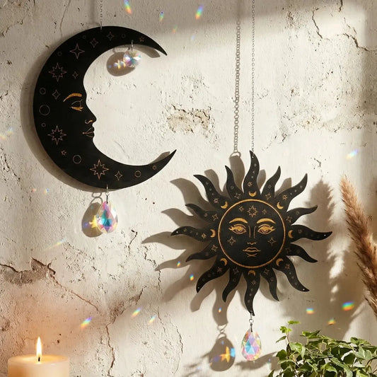 Dark gothic suncatcher black moon face with crystal prism – boho Wiccan window ornament