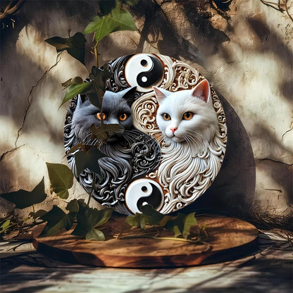 Black & White Cat Yin Yang Metal Sign Feng Shui Home Decor-MoonChildWorld