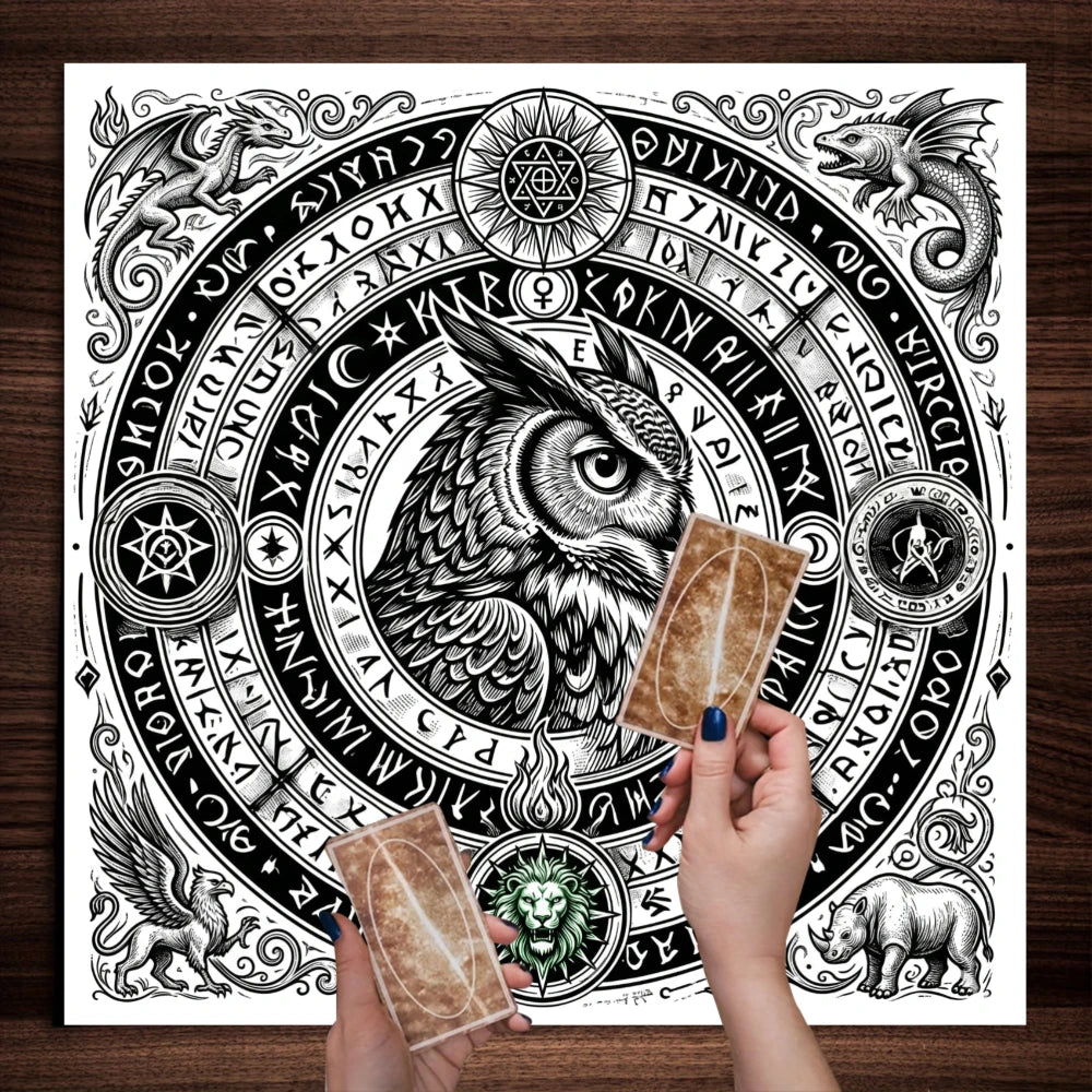 Black White Owl Rune Circle Tarot Altar Cloth-MoonChildWorld