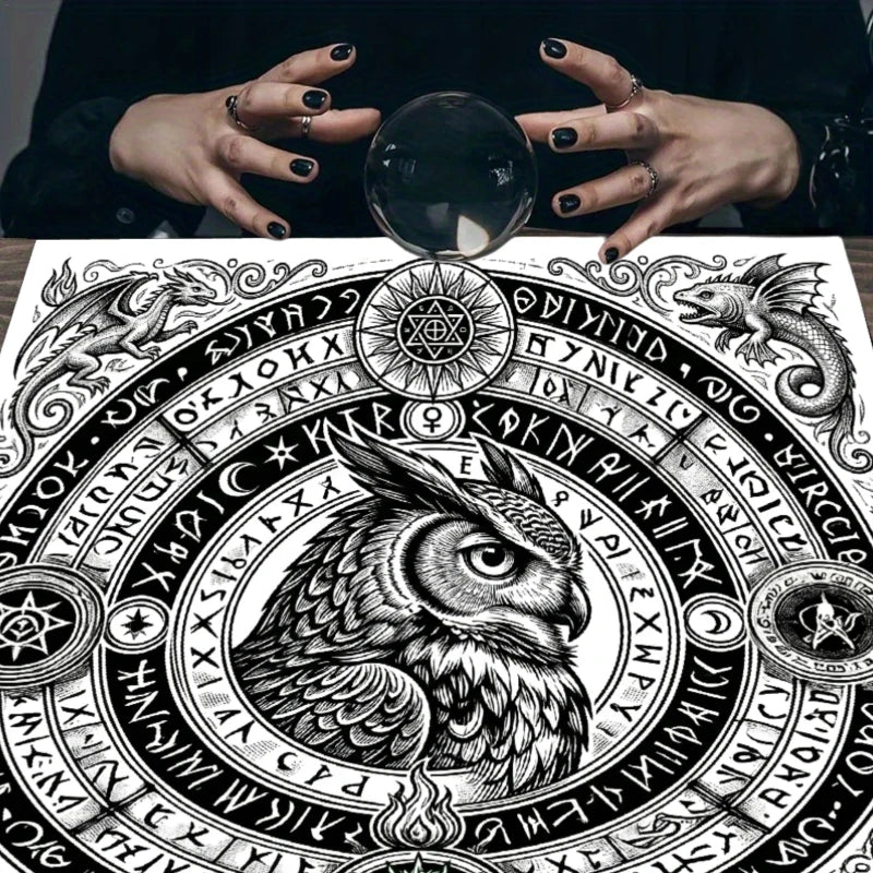 Black White Owl Rune Circle Tarot Altar Cloth-MoonChildWorld