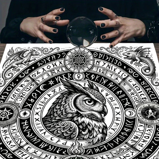 Black White Owl Rune Circle Tarot Altar Cloth-MoonChildWorld