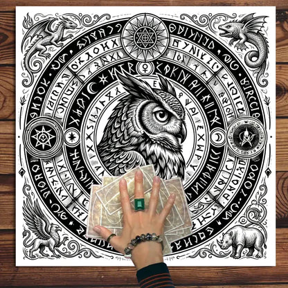 Black White Owl Rune Circle Tarot Altar Cloth-MoonChildWorld