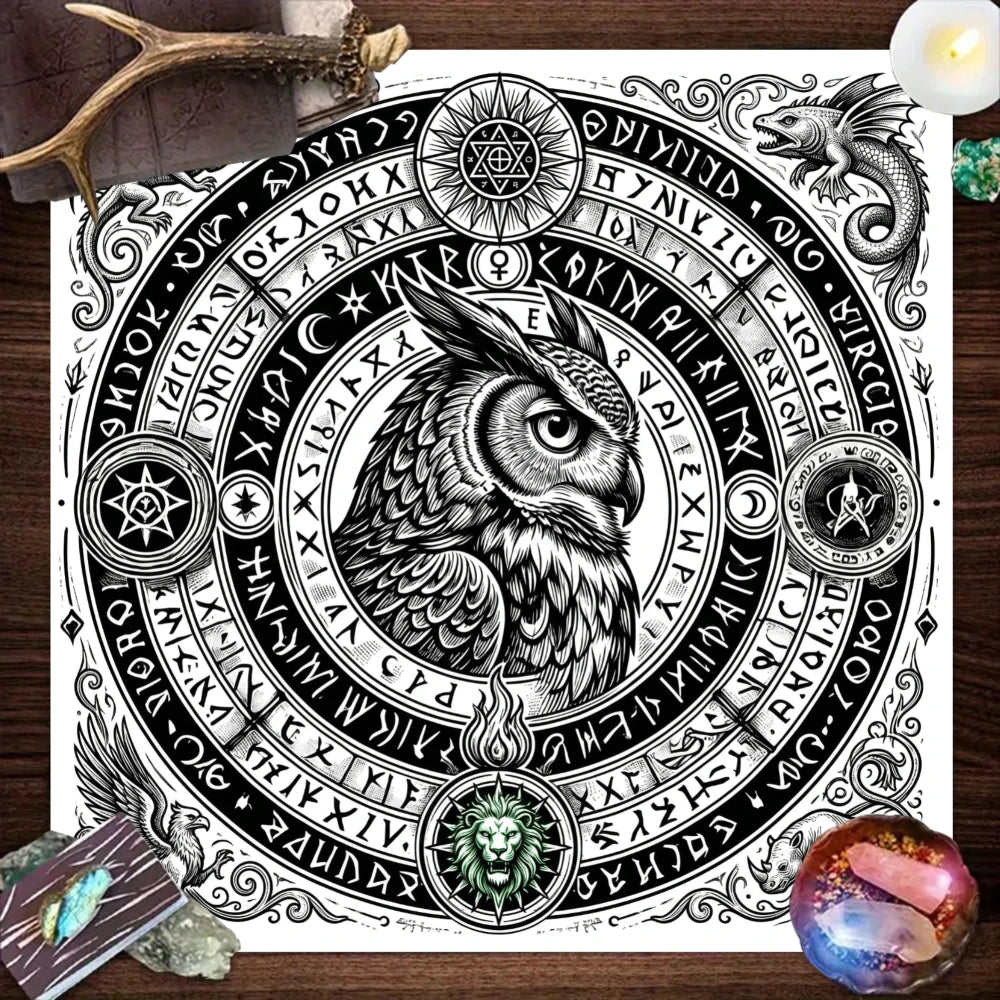Black White Owl Rune Circle Tarot Altar Cloth-MoonChildWorld