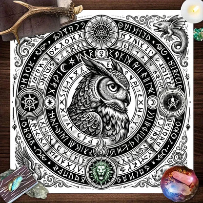 Black White Owl Rune Circle Tarot Altar Cloth-MoonChildWorld