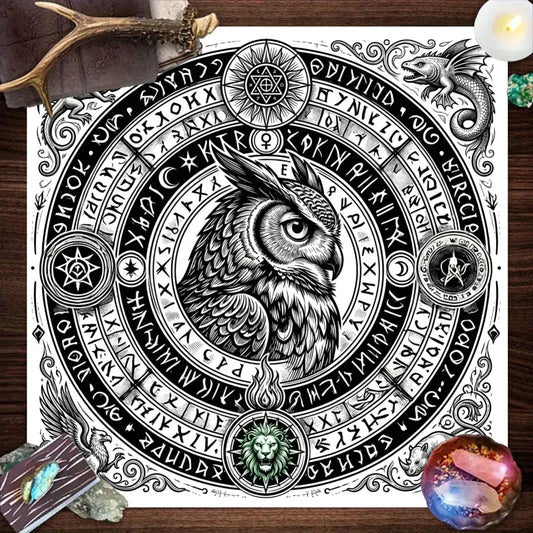 Black White Owl Rune Circle Tarot Altar Cloth-MoonChildWorld