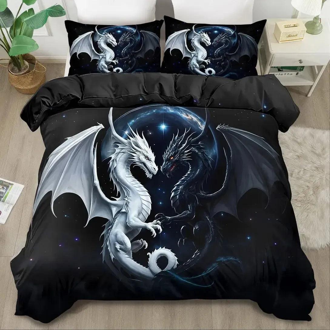 Black and White Dragon Bedding Set Gothic Dragon Duvet Cover Set-MoonChildWorld