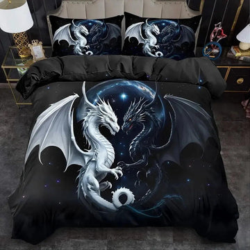 Black and White Dragon Bedding Set Gothic Dragon Duvet Cover Set-MoonChildWorld
