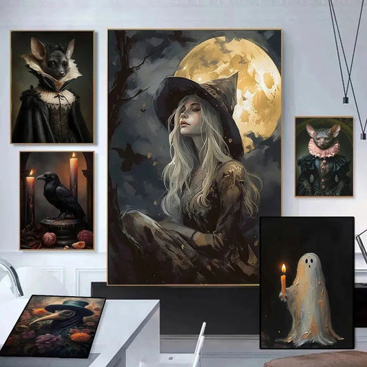 Black cat Raven Halloween Poster Dark Witch Gothic Canvas-MoonChildWorld