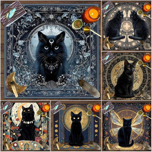 Witchy Black Cat Tarot Table Cloth Wicca Altar Cloth for Reading Divination