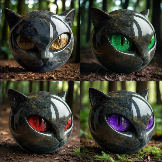 Amber Eyes Marble Black Cat Sculpture Hand-carved Healing Stone Cat Ornament Witchy Home Decor