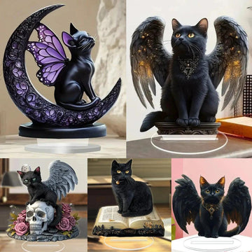 Witchy Black Cat Statue 2D Flat Acrylic Table Ornament Gothic Cat Desktop Decor-MoonChildWorld