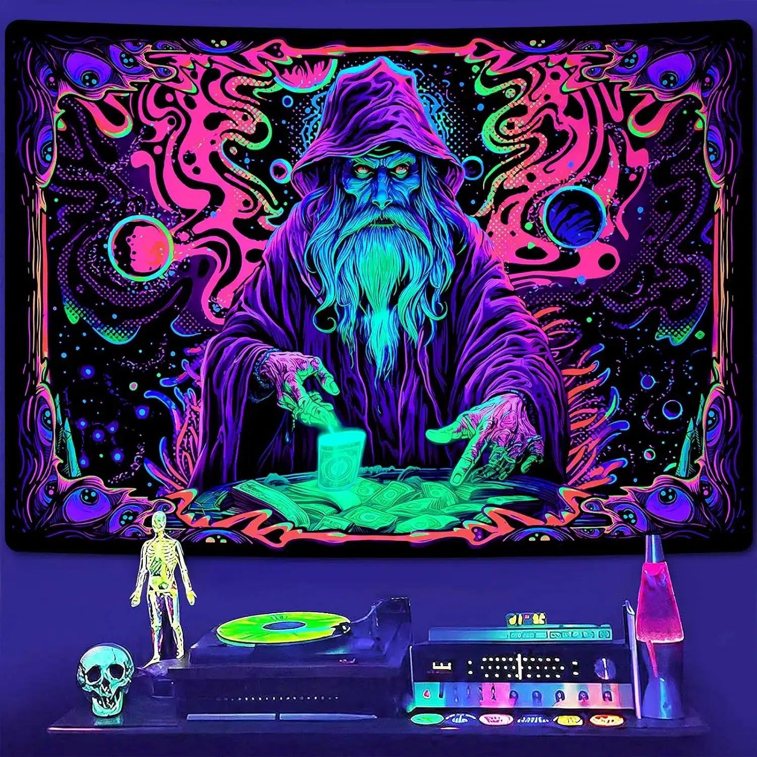 Blacklight Tapestry Wizard Tapestry UV Reactive Neon Tapestry-MoonChildWorld