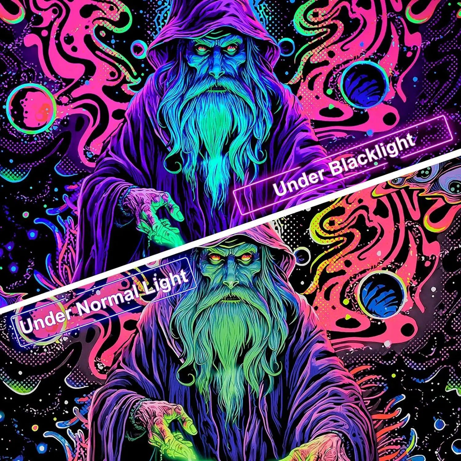 Blacklight Tapestry Wizard Tapestry UV Reactive Neon Tapestry-MoonChildWorld