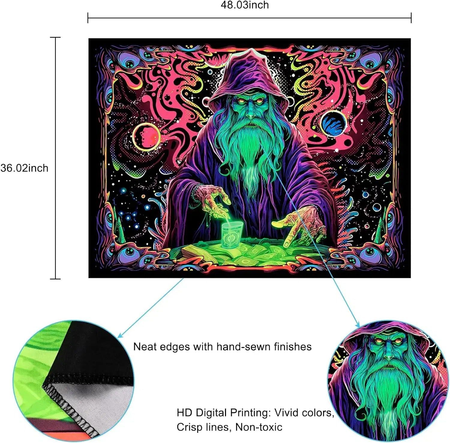 Blacklight Tapestry Wizard Tapestry UV Reactive Neon Tapestry-MoonChildWorld