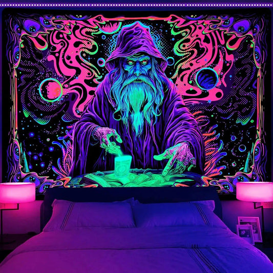 Blacklight Tapestry Wizard Tapestry UV Reactive Neon Tapestry-MoonChildWorld
