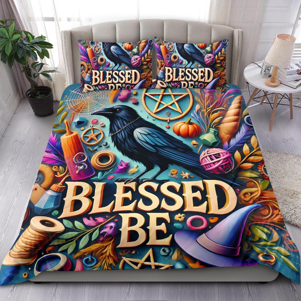 Blessed Be Black Raven Witchy Bedding Set for Wiccan Home Decor-MoonChildWorld