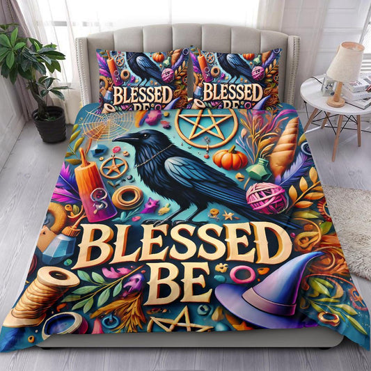 Blessed Be Black Raven Witchy Bedding Set for Wiccan Home Decor-MoonChildWorld