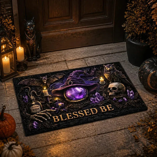 Halloween Doormat with Gothic Owl, Bat, Skull– Dark Pagan Witch Welcome Mat_mockup_1.webp
