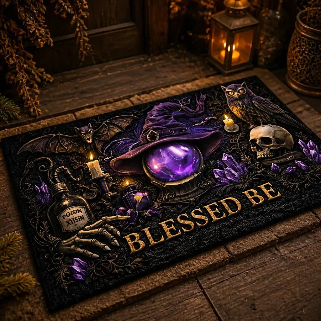 Halloween Doormat with Gothic Owl, Bat, Skull– Dark Pagan Witch Welcome Mat_mockup_2.webp