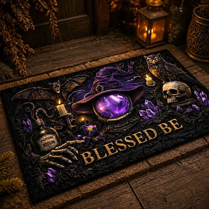 Halloween Doormat with Gothic Owl, Bat, Skull– Dark Pagan Witch Welcome Mat_mockup_2.webp
