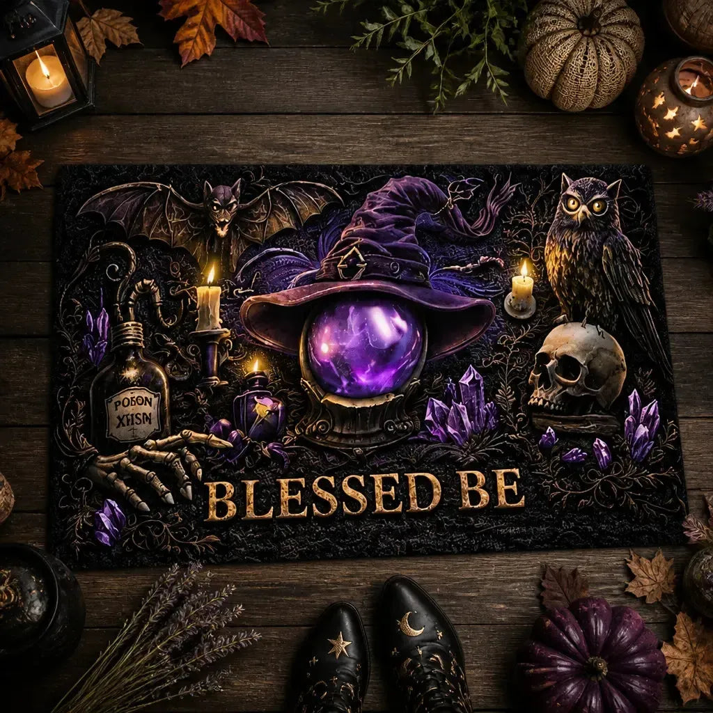 Halloween Doormat with Gothic Owl, Bat, Skull– Dark Pagan Witch Welcome Mat_mockup_3.webp