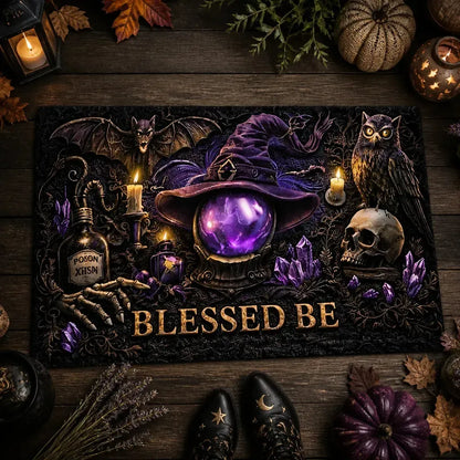 Halloween Doormat with Gothic Owl, Bat, Skull– Dark Pagan Witch Welcome Mat_mockup_3.webp