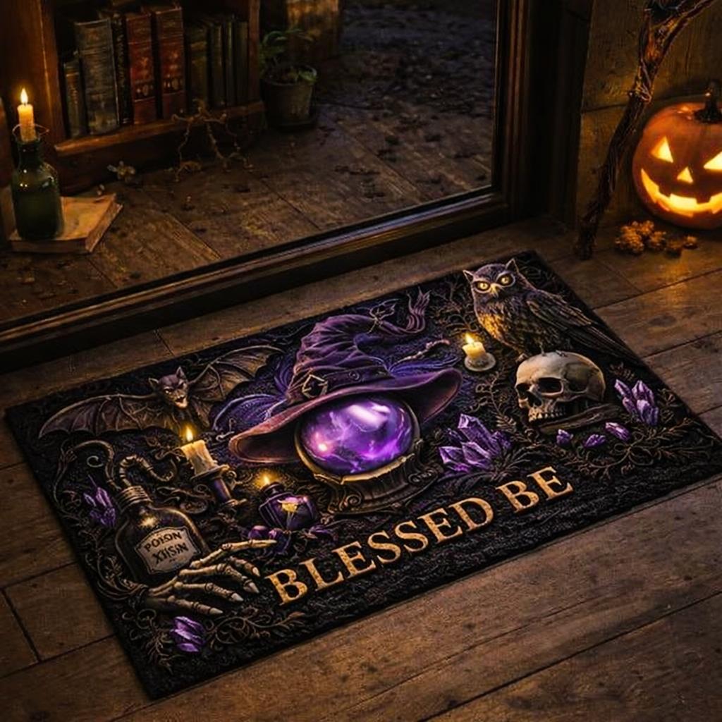 Dark pagan witch doormat with "BLESSED BE" text, purple owl, bat, skull, and potion bottle.