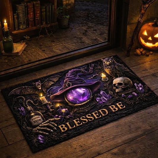 Dark pagan witch doormat with "BLESSED BE" text, purple owl, bat, skull, and potion bottle.