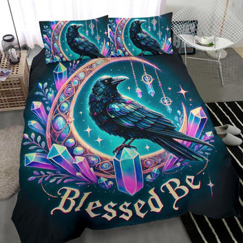 Blessed Be Moon Black Raven Wicca Bedding Set-MoonChildWorld