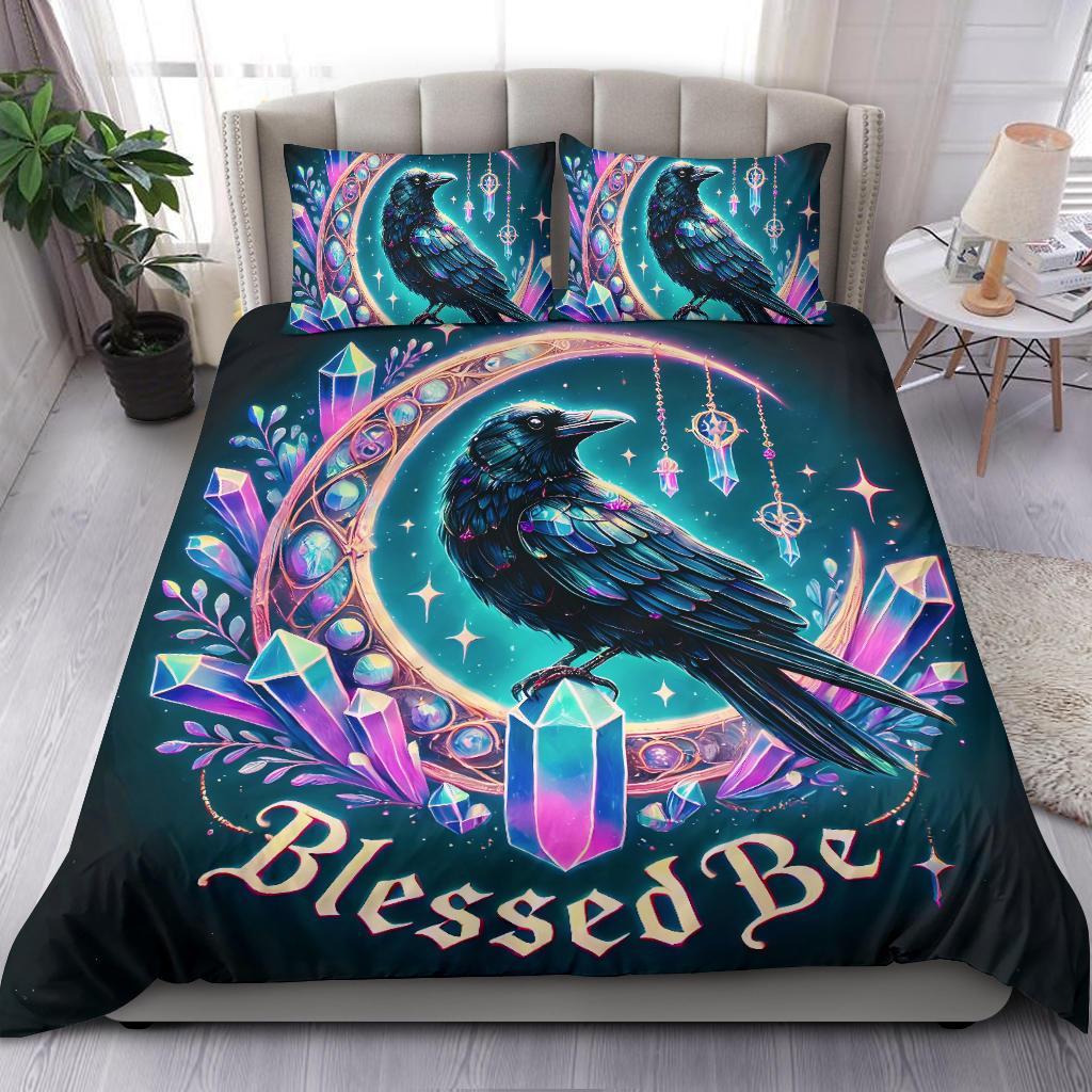 Blessed Be Moon Black Raven Wicca Bedding Set-MoonChildWorld
