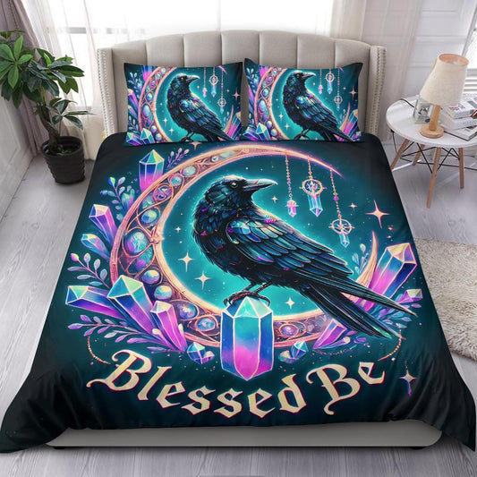 Blessed Be Moon Black Raven Wicca Bedding Set-MoonChildWorld