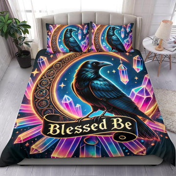 Blessed Be Moon Witchy Raven Wicca Bedding Set Gothic Crow Bedding Set-MoonChildWorld