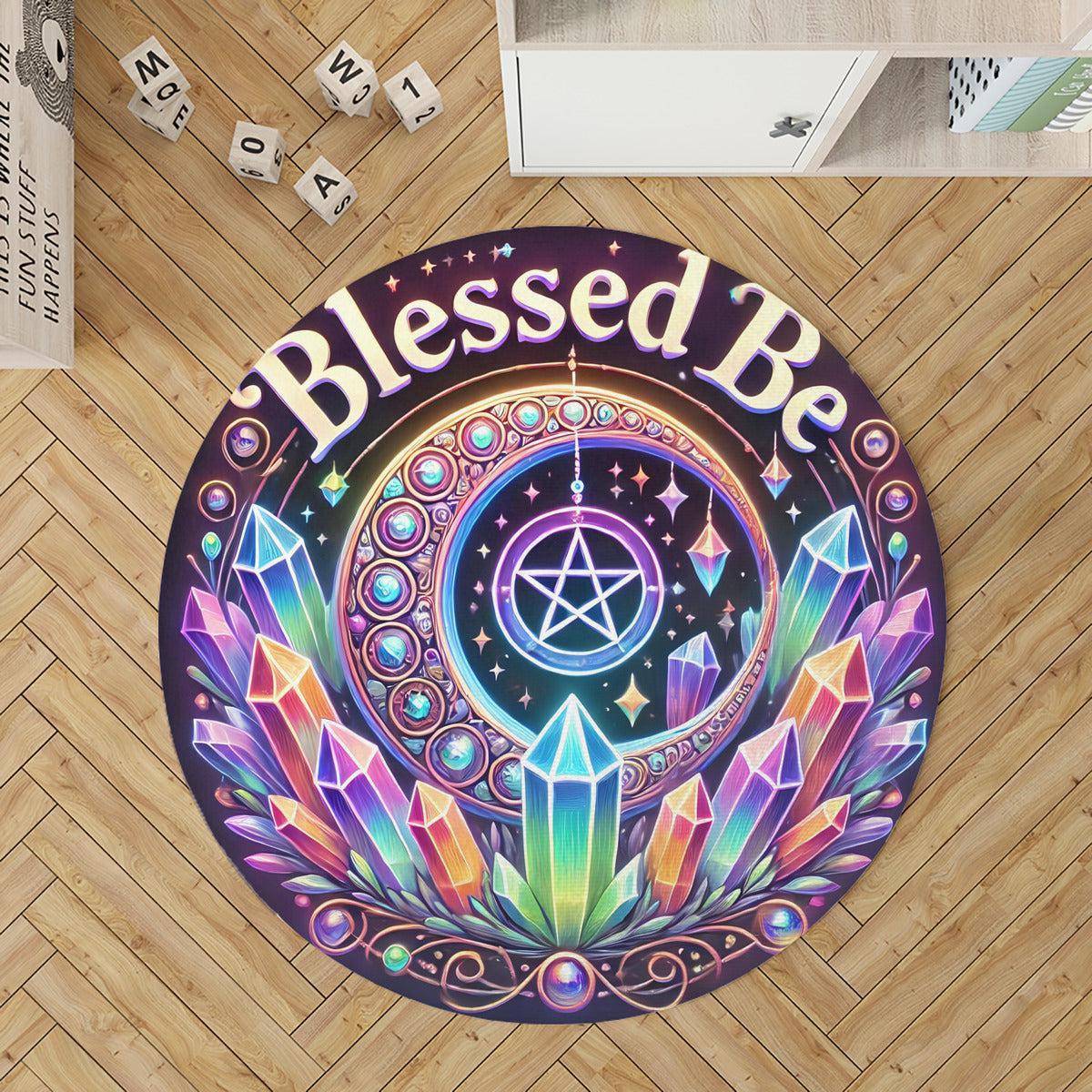 Blessed Be Pentacle Moon Wiccan Round Rug Pagan Carpet for Spiritual Decor-MoonChildWorld