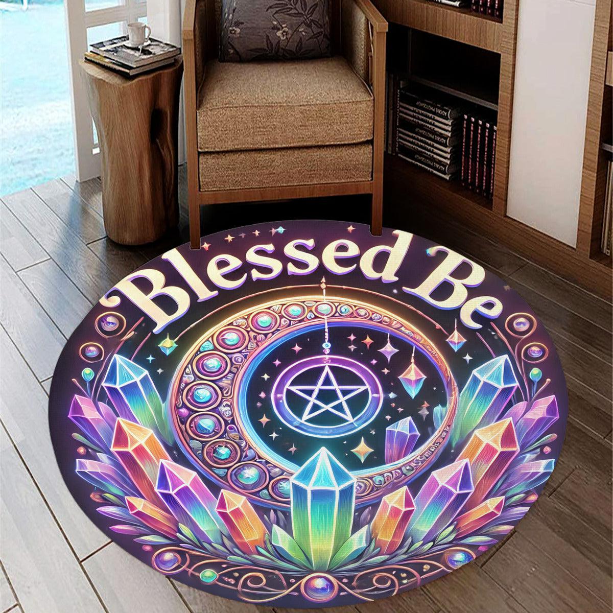 Blessed Be Pentacle Moon Wiccan Round Rug Pagan Carpet for Spiritual Decor-MoonChildWorld