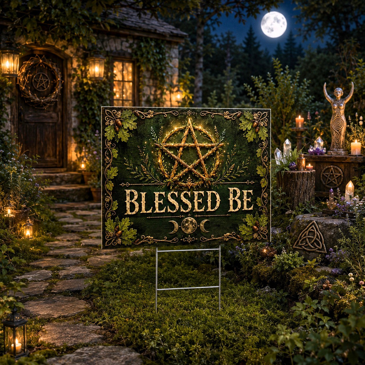 Blessed Be Pentacle Triple Moon Wicca Yard Sign - porch scene