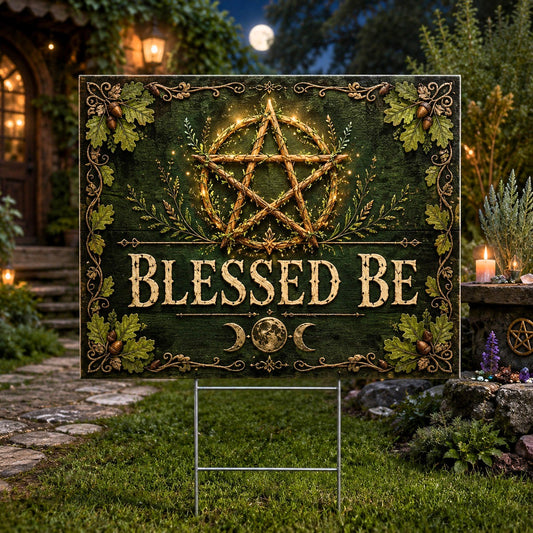 Blessed Be Pentacle Triple Moon Wicca Yard Sign - front view