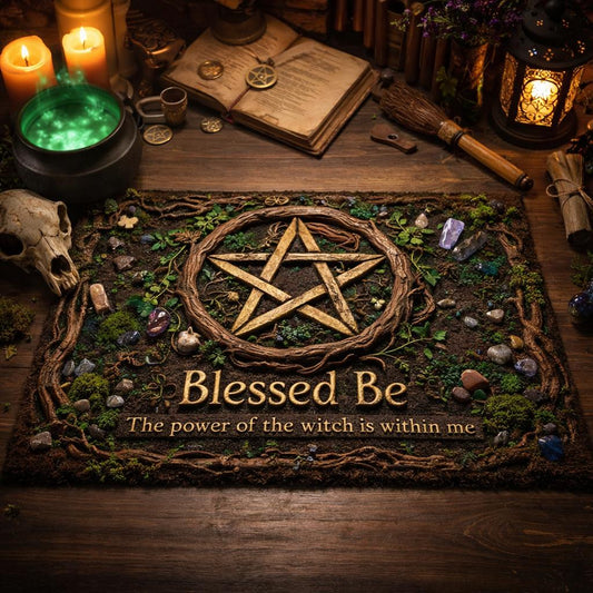 Blessed Be Pentacle Wicca doormat with a natural, earthy design, surrounded by moss, roots, and crystals.