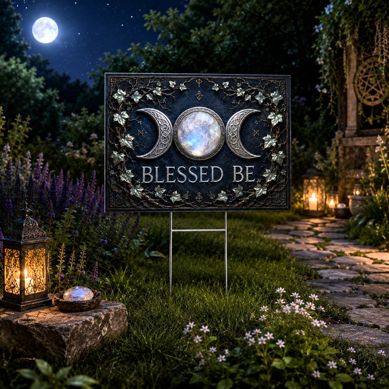 Blessed Be Triple Moon Wicca Yard Sign - porch scene
