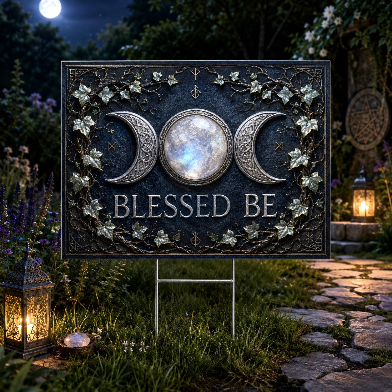 Blessed Be Triple Moon Wicca Yard Sign - front view