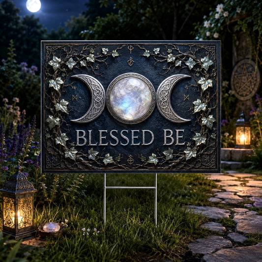 Blessed Be Triple Moon Wicca Yard Sign - front view