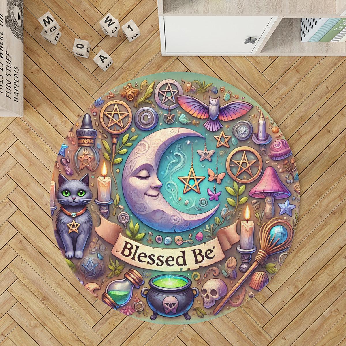 Blessed Be Wicca Round Rug Magick Moon Carpet for Pagan Home Decor-MoonChildWorld