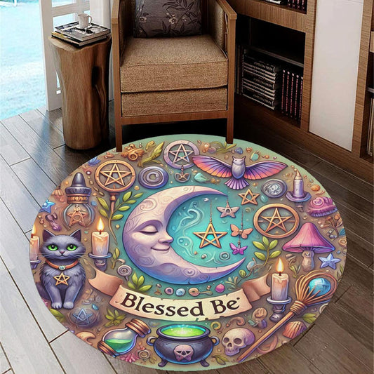 Blessed Be Wicca Round Rug Magick Moon Carpet for Pagan Home Decor-MoonChildWorld